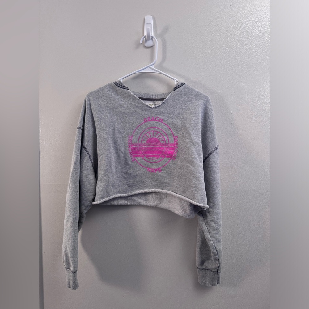 Offline By Aerie Gray & Pink Cropped Graphic Sweatshirt Size S